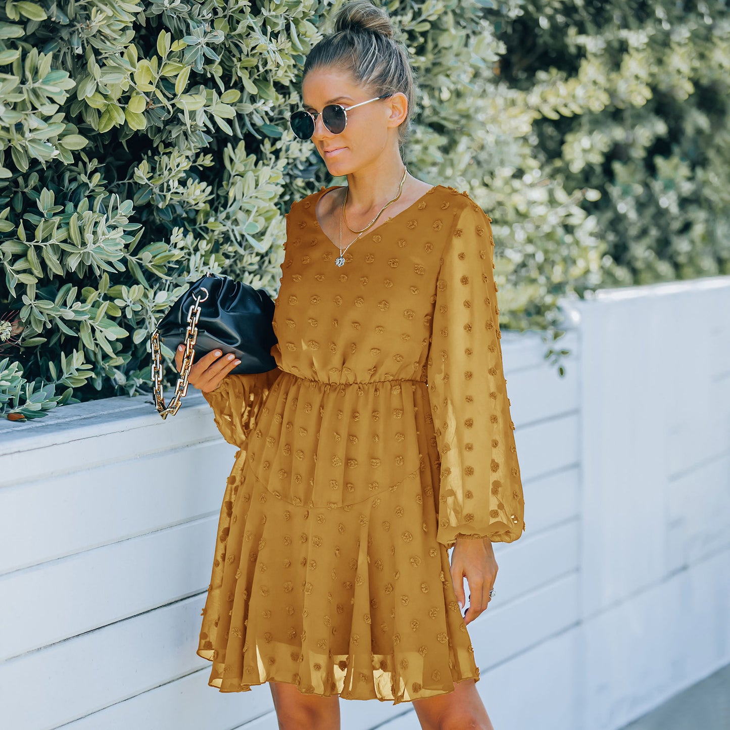 Women's V-neck Long-sleeved Mesh Dress