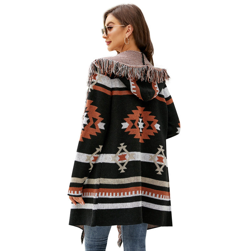 Women's Loose Hooded Tassel Geometric Brocade Sweater