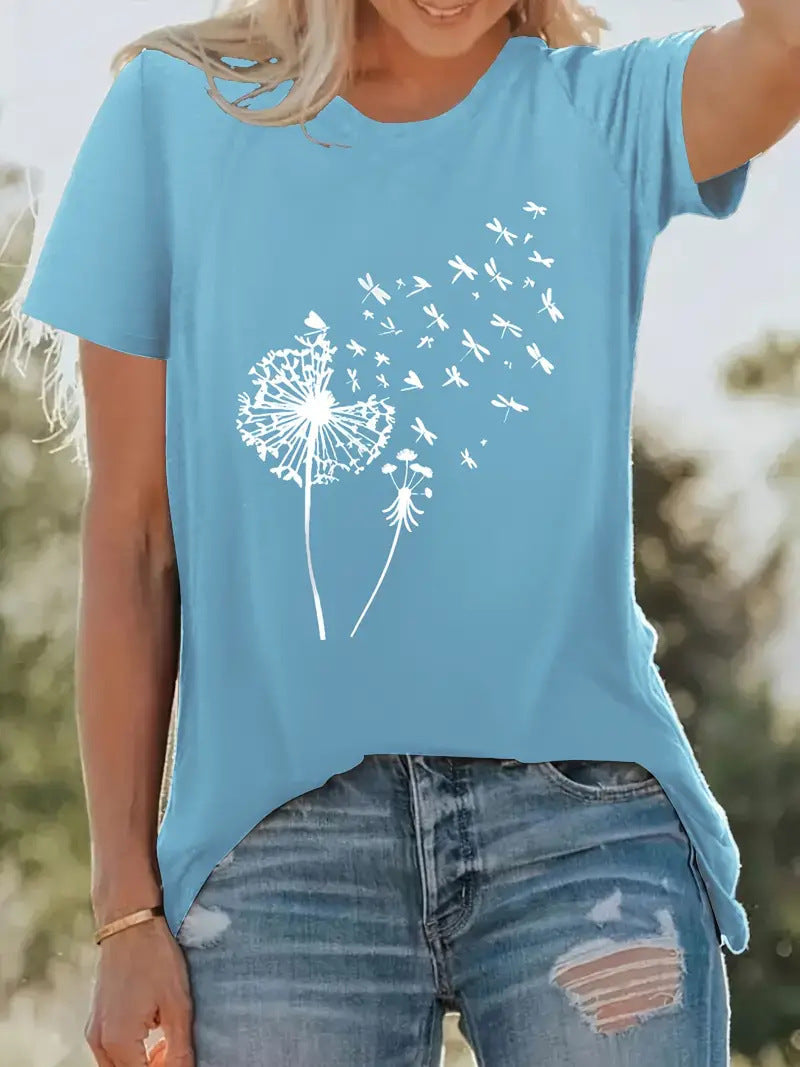 Women's Round Neck Dandelion Pattern Simple Tee (Sm-5XL)