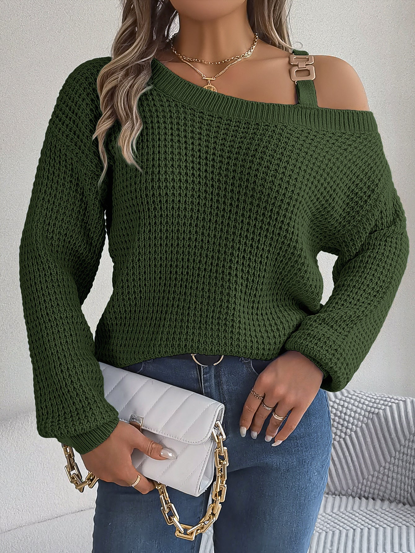 Women's Casual Metal Buckle Patchwork Cold-Off Shoulder Sleeve Pullover Sweater