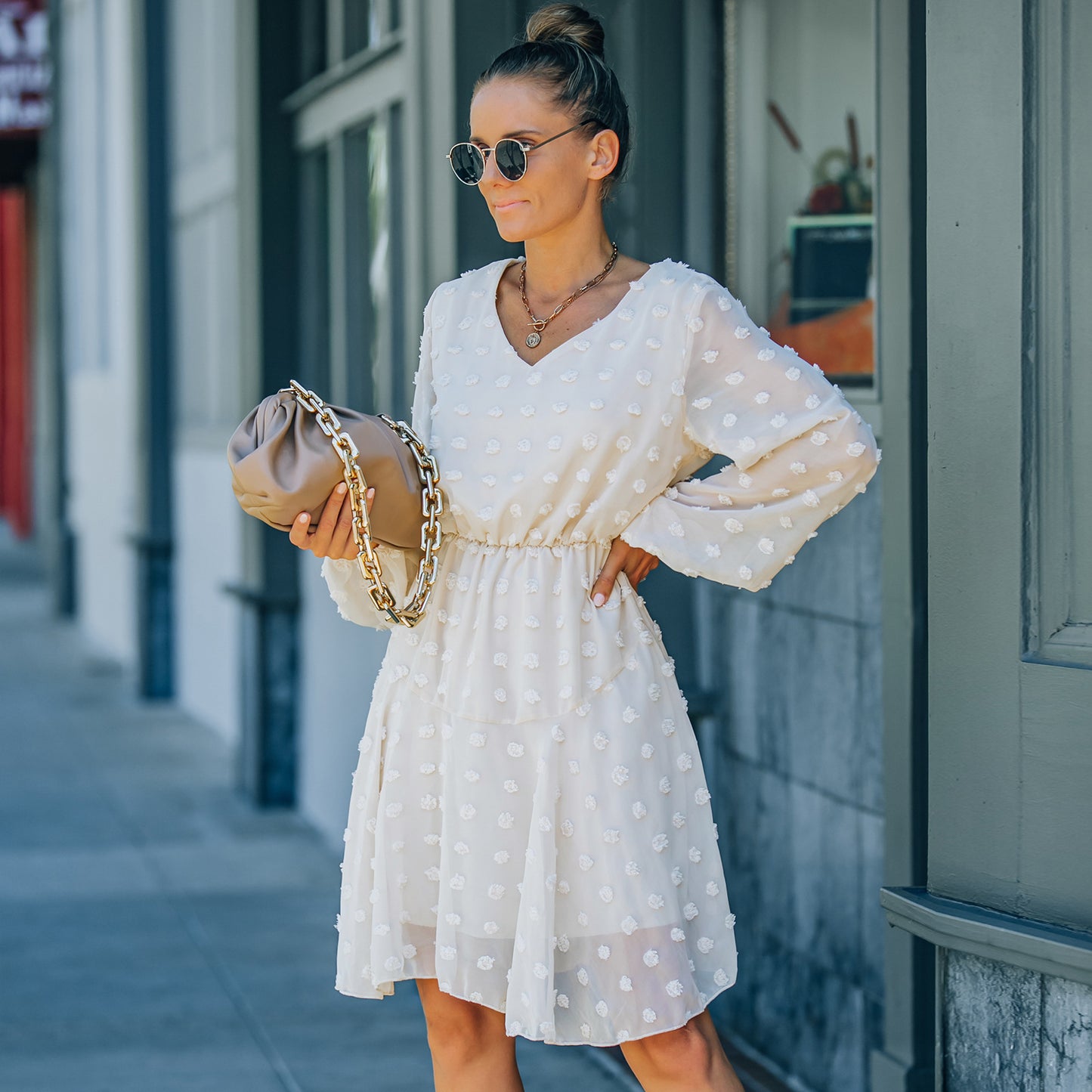Women's V-neck Long-sleeved Mesh Dress