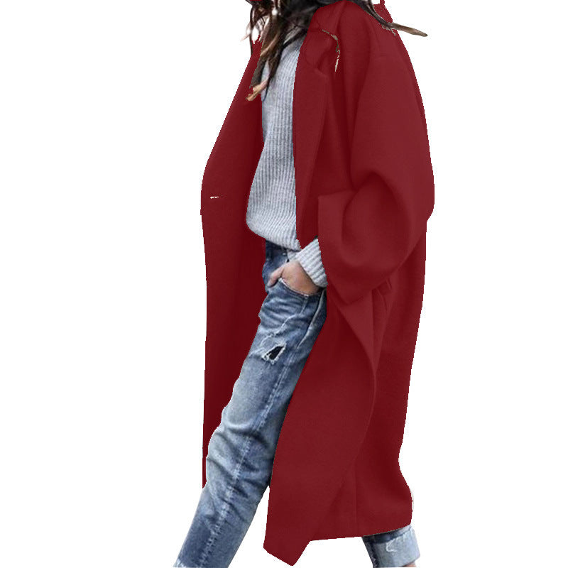 Women's Casual Long Jacket With Pockets Single Breasted Lapel Woolen
