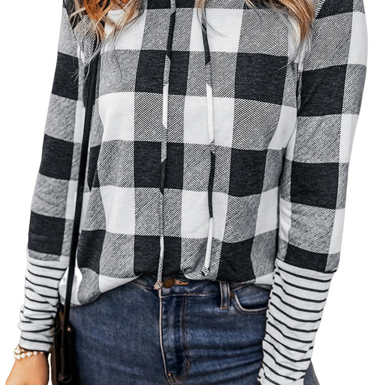 Women's Casual Plaid Stitching Long Pullover Hoodie