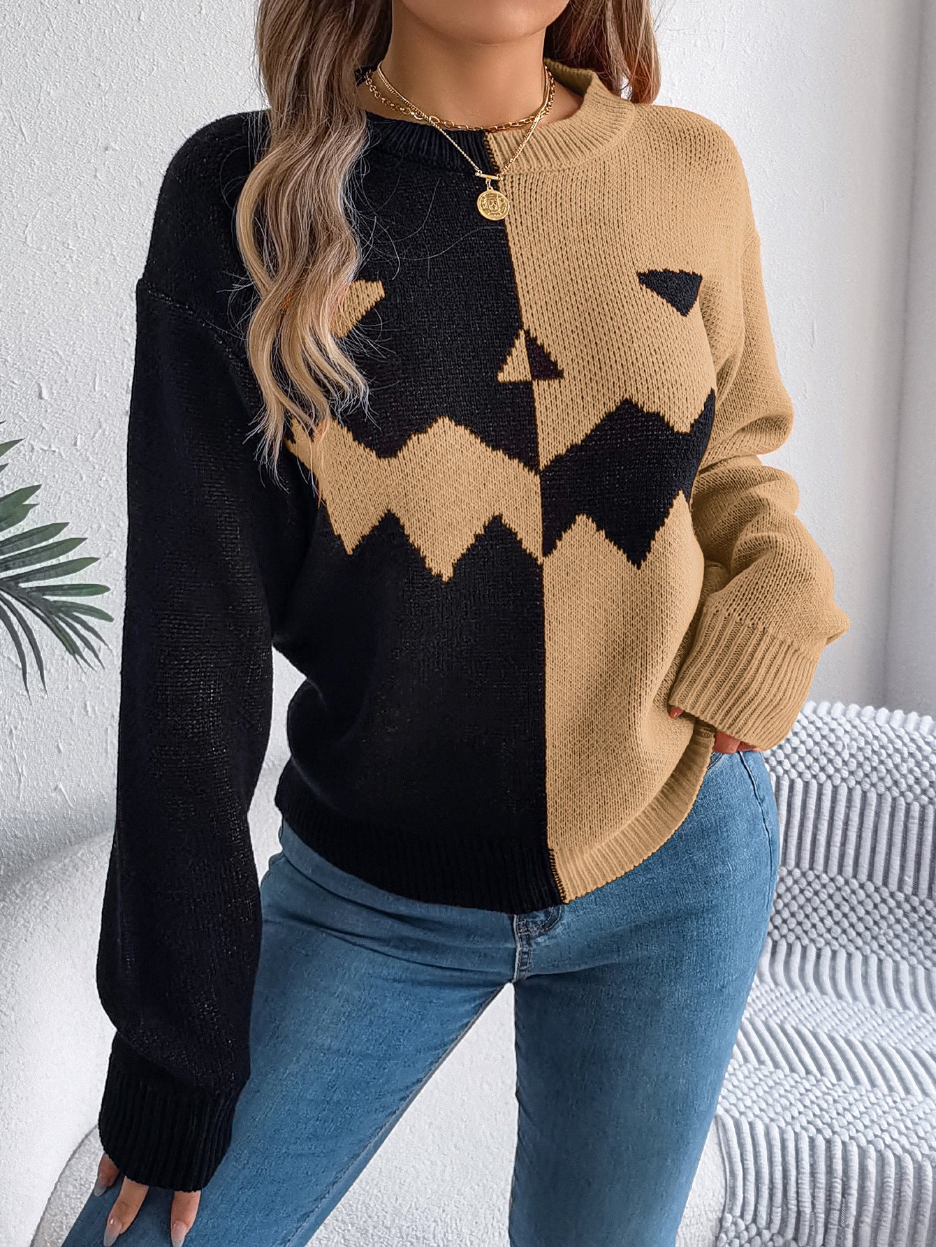 Women's Halloween Contrast-color Pullover Long Sleeve Knitted Top