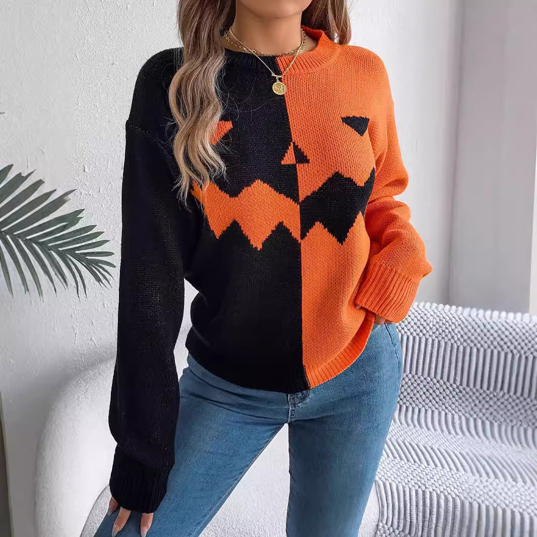 Women's Halloween Contrast-color Pullover Long Sleeve Knitted Top