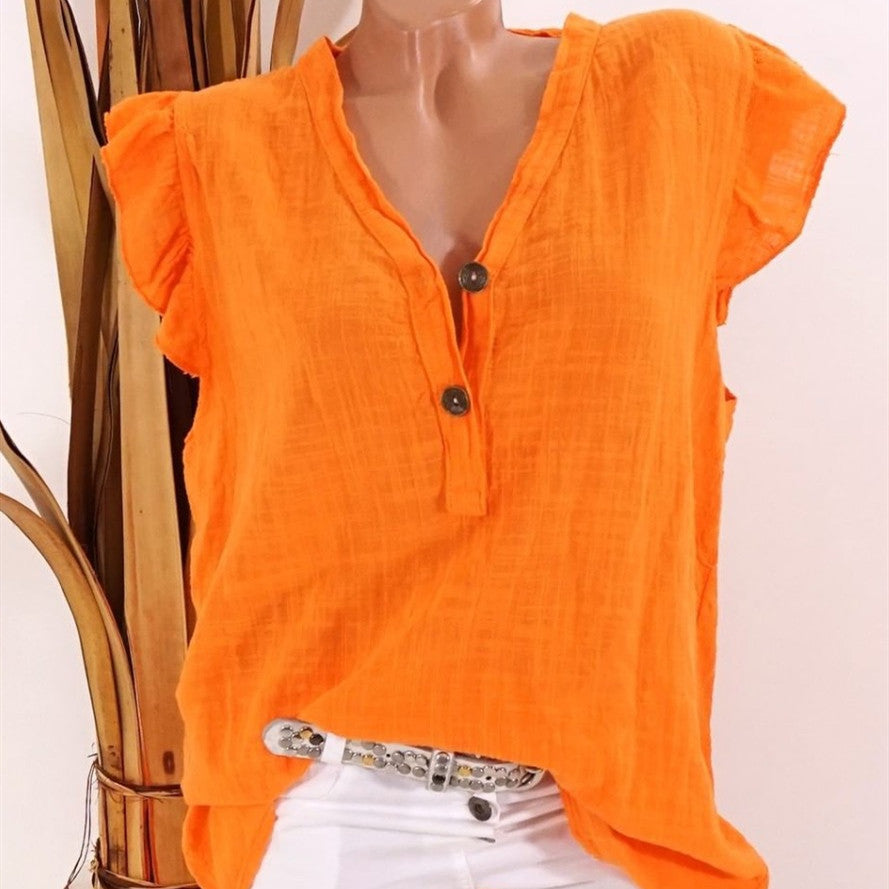 Women's V-neck Cotton and Linen Loose Ruffle Sleeve Sleeveless Shirt