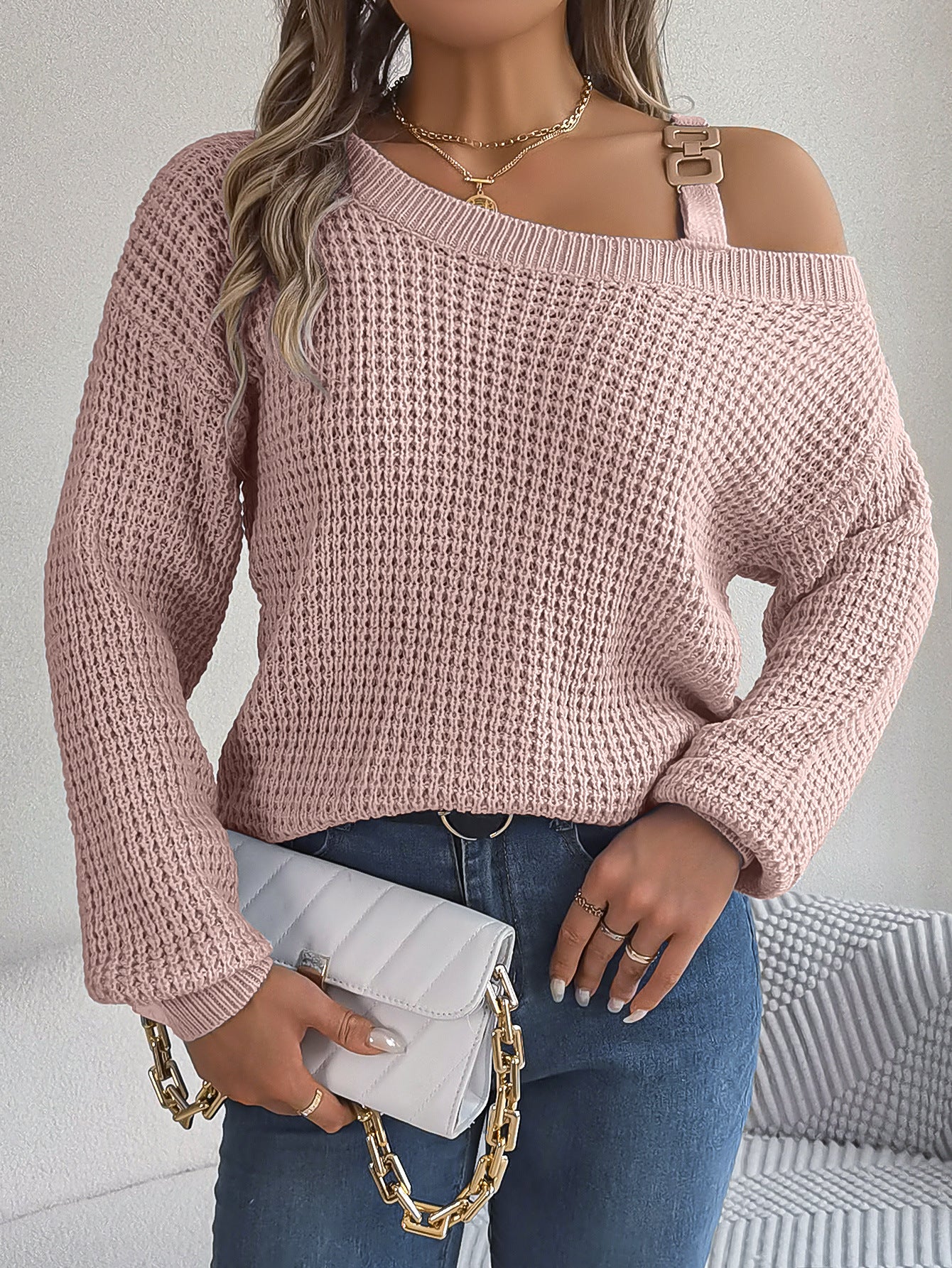 Women's Casual Metal Buckle Patchwork Cold-Off Shoulder Sleeve Pullover Sweater