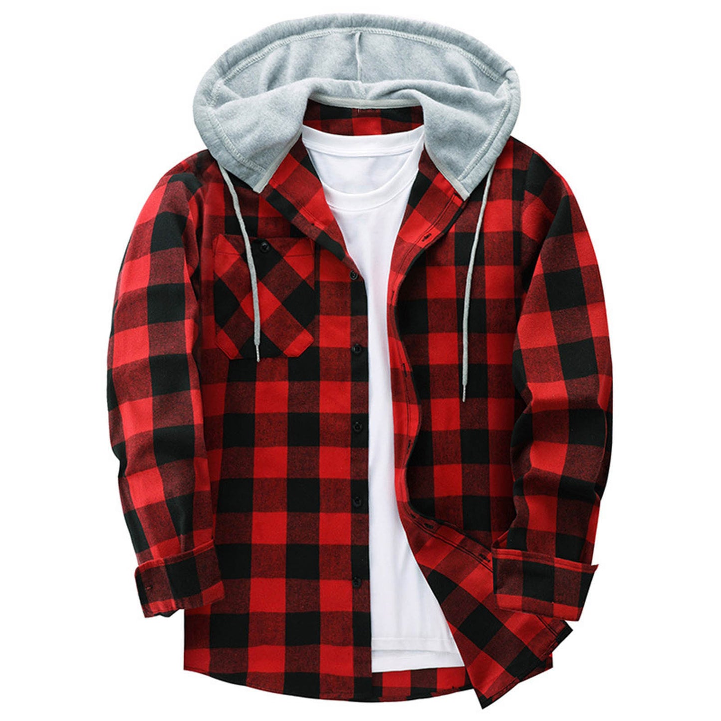 Men's Casual Hooded Plaid Long Sleeve Shirt - Various Plaid Colors