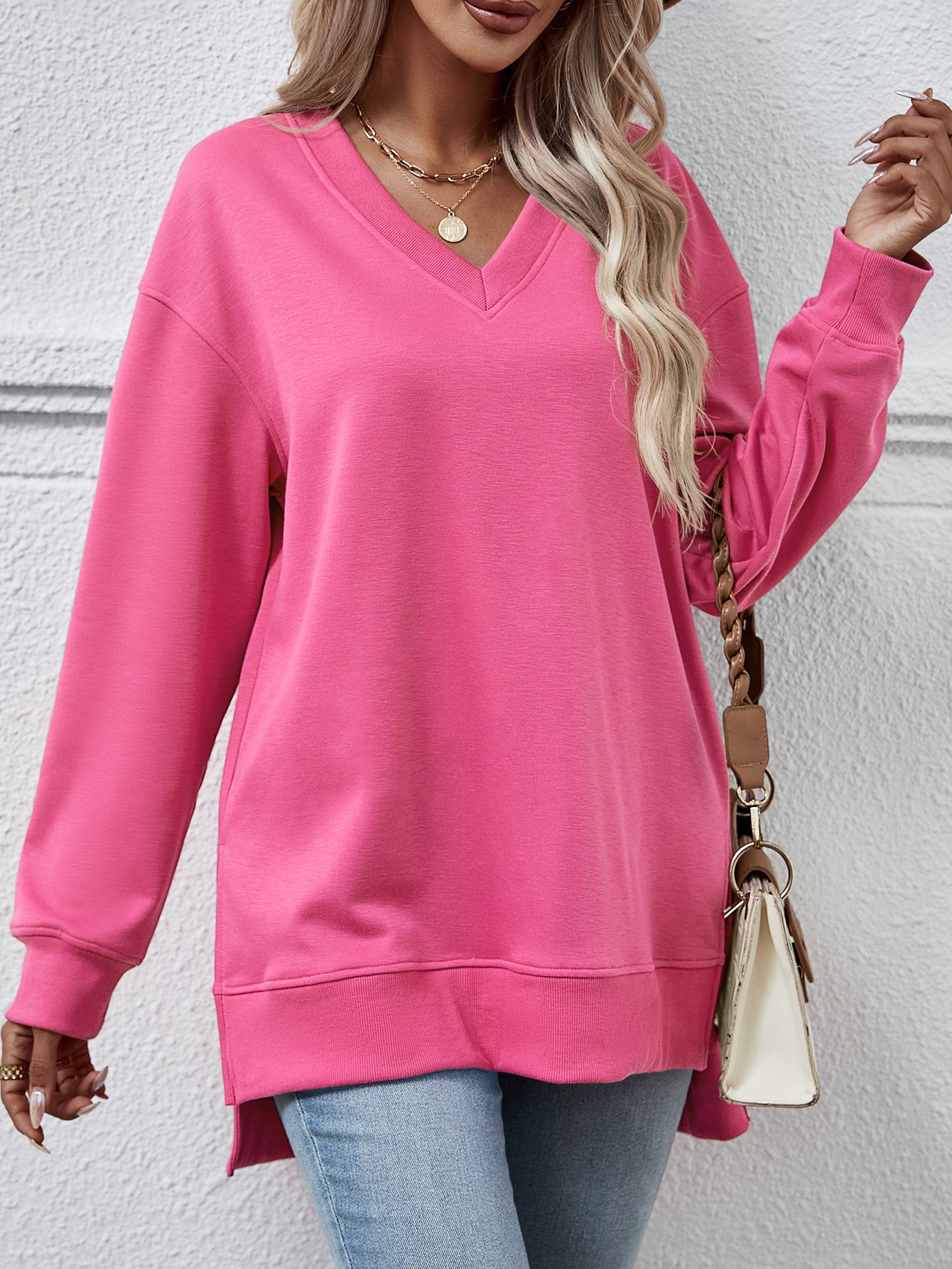 Women's Long V-neck Casual Split in the Side length longer in the back Sweater