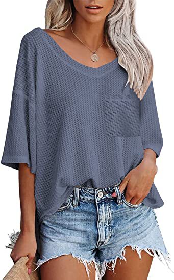 Women's V-neck Loose Short Sleeve Top With Patched Pocket