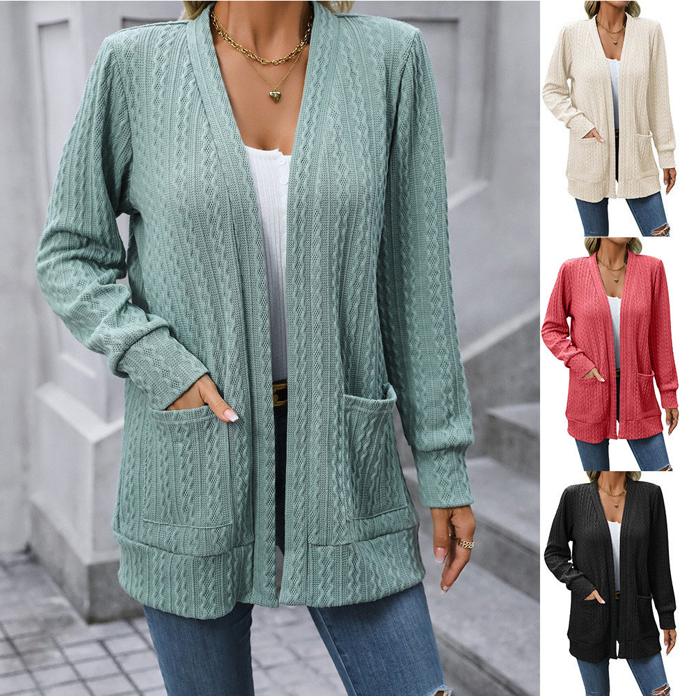 Women's Mid-length Cable-knit Sweater Cardigan