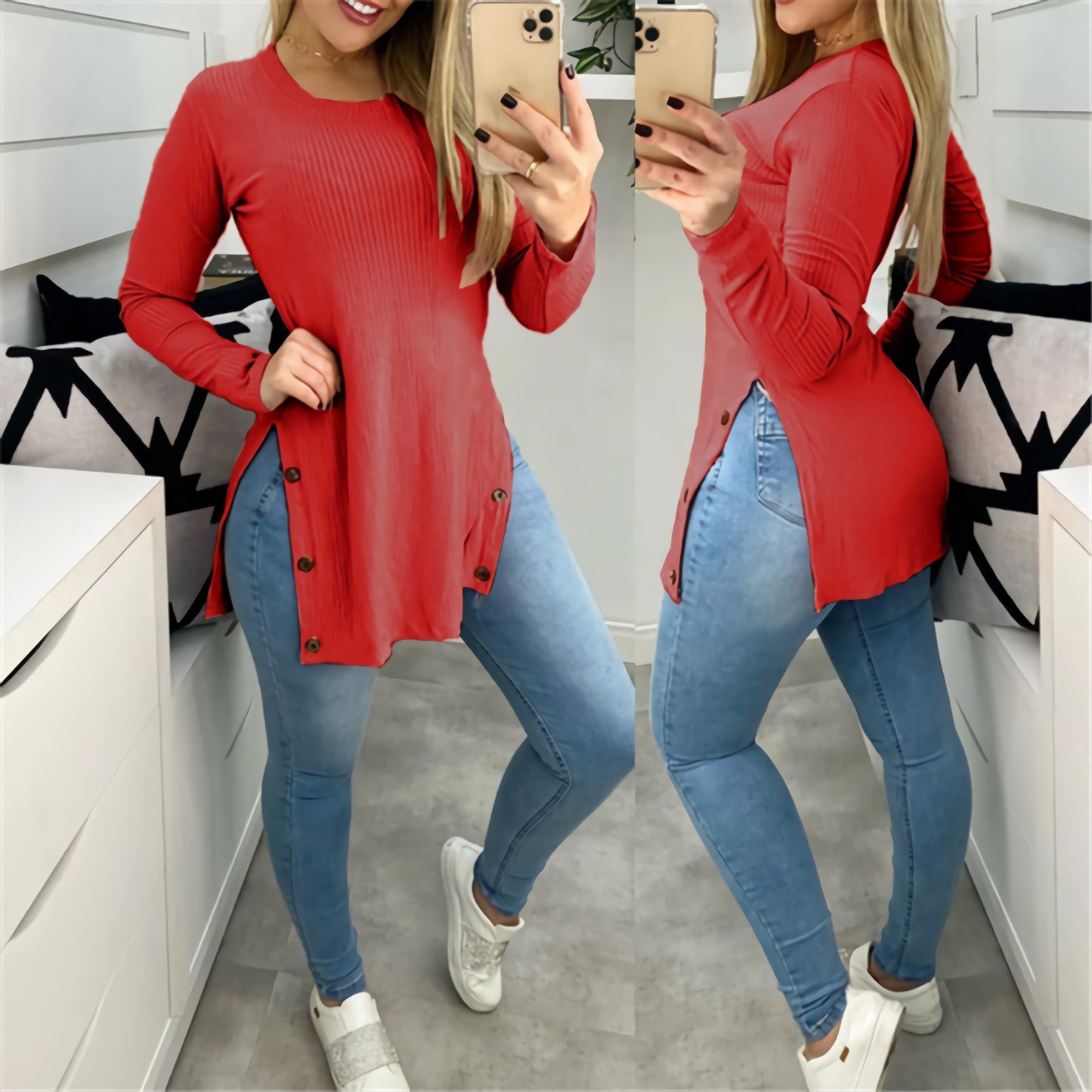 Women's Round Neck Side Slit with Buttons Long-sleeve Shirt (S-5XL)