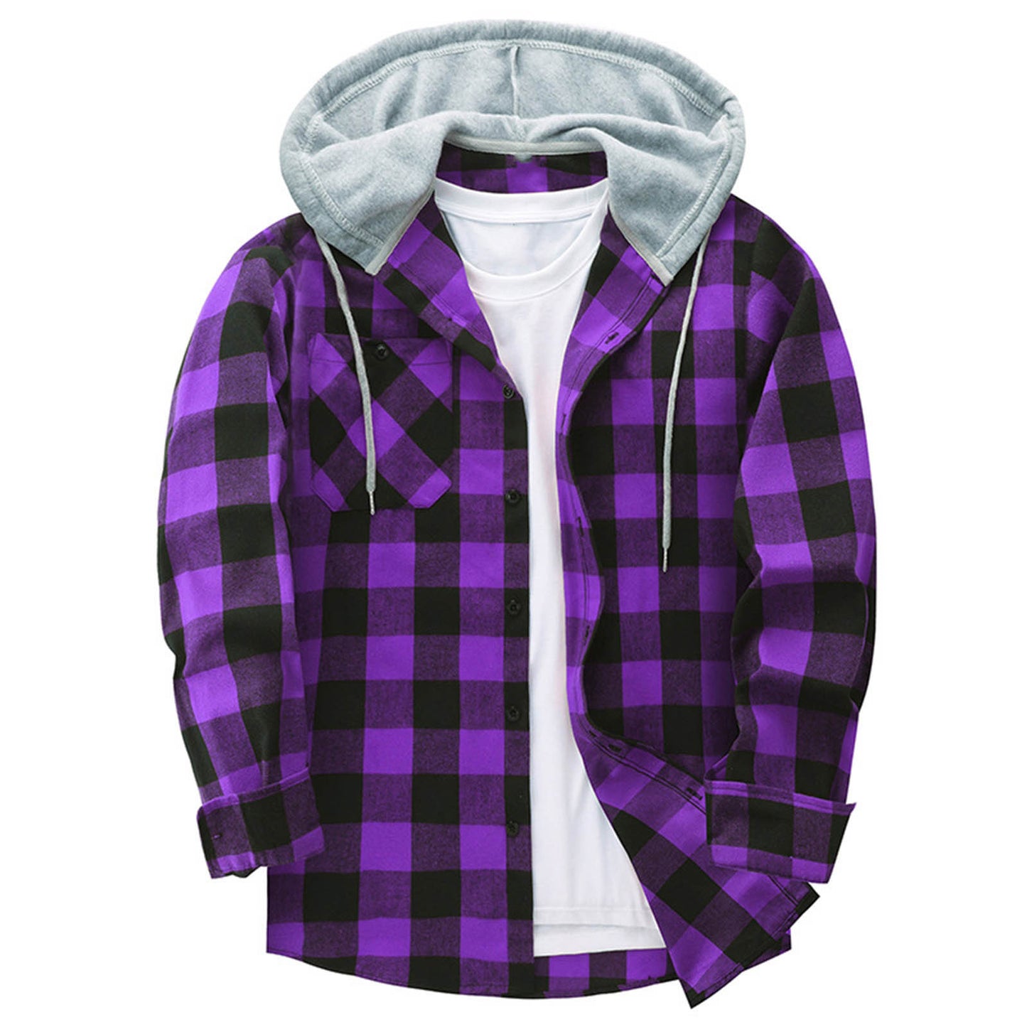 Men's Casual Hooded Plaid Long Sleeve Shirt - Various Plaid Colors