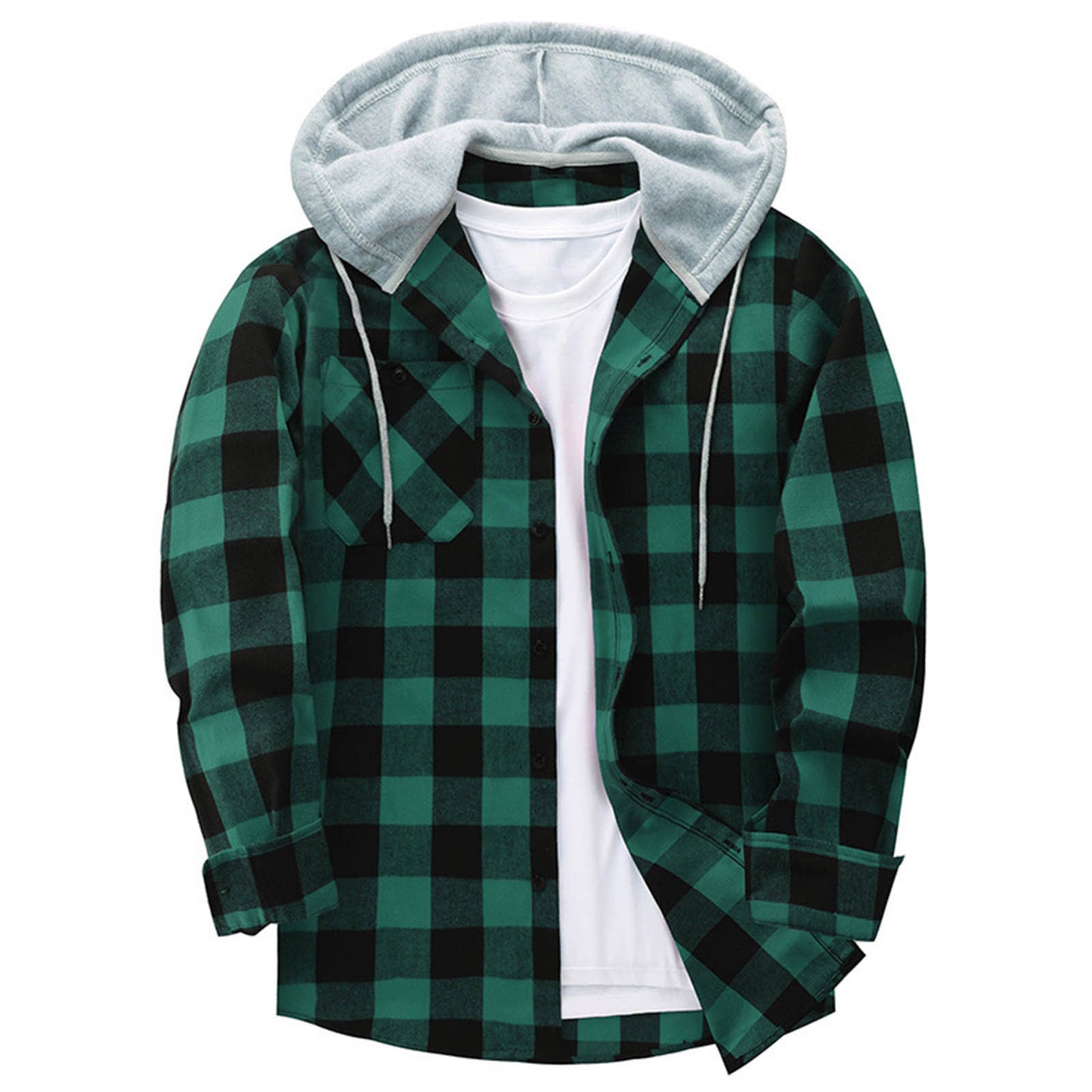 Men's Casual Hooded Plaid Long Sleeve Shirt - Various Plaid Colors