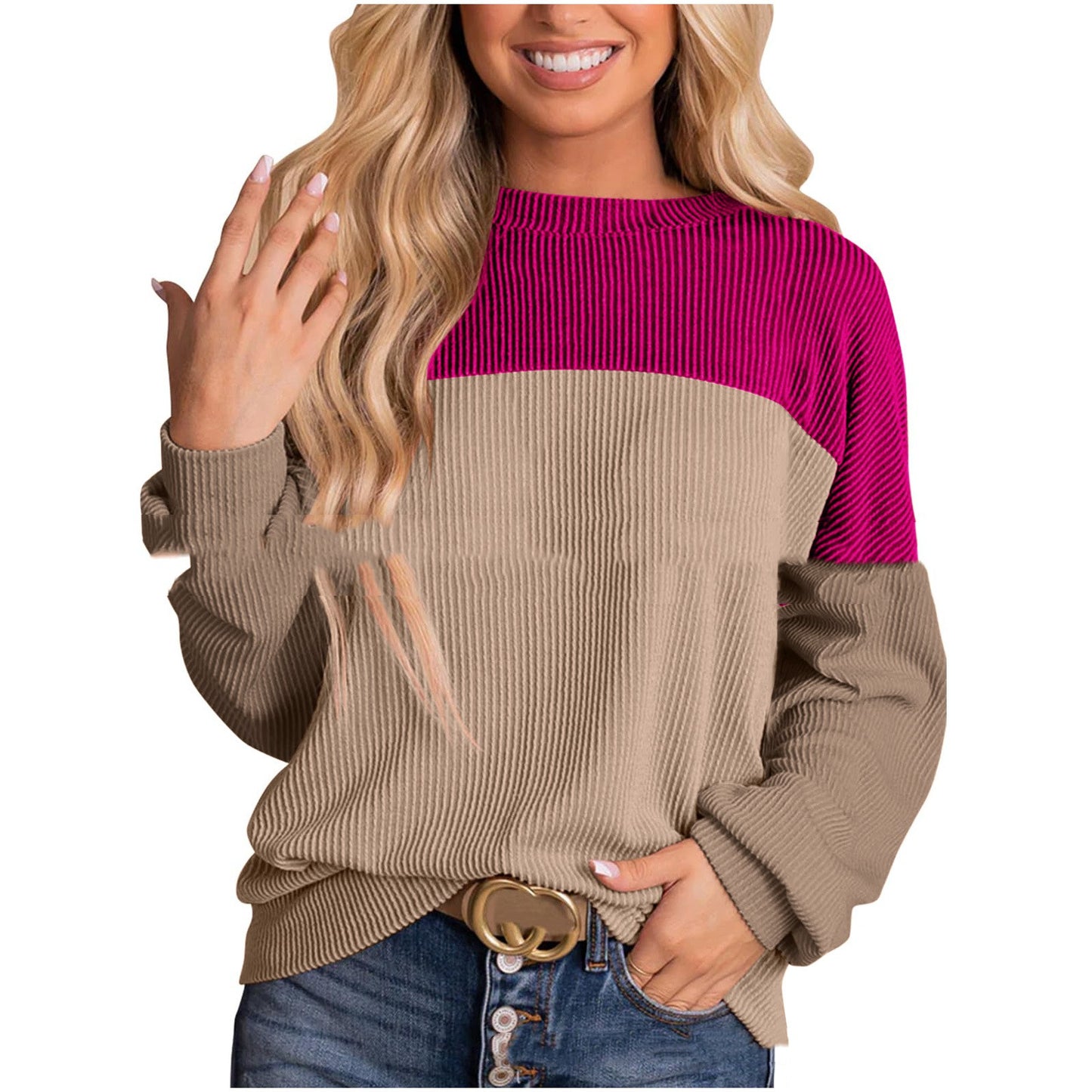 Women's Color Blocking Round Neck Long Sleeve Top