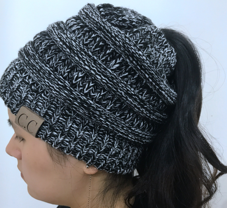 High Bun Ponytail Beanie Soft Stretch Cable Knit Warm Fuzzy Lined