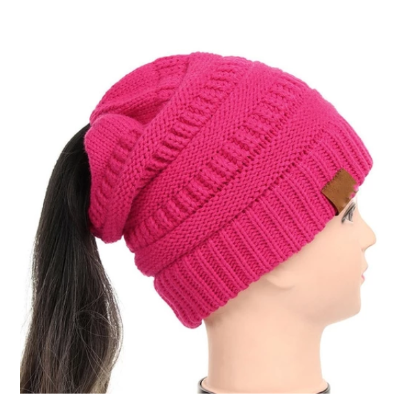 High Bun Ponytail Beanie Soft Stretch Cable Knit Warm Fuzzy Lined