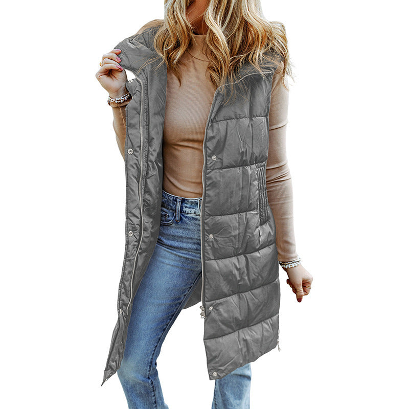 Women's Long Lapel Hooded Puffer Vest