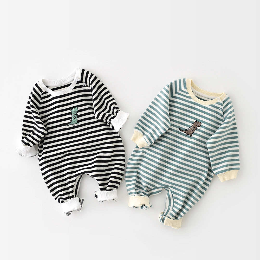 Baby Girl or Boy Cartoon Striped Dinosaur Embroidery Long-Sleeved Jumpsuit