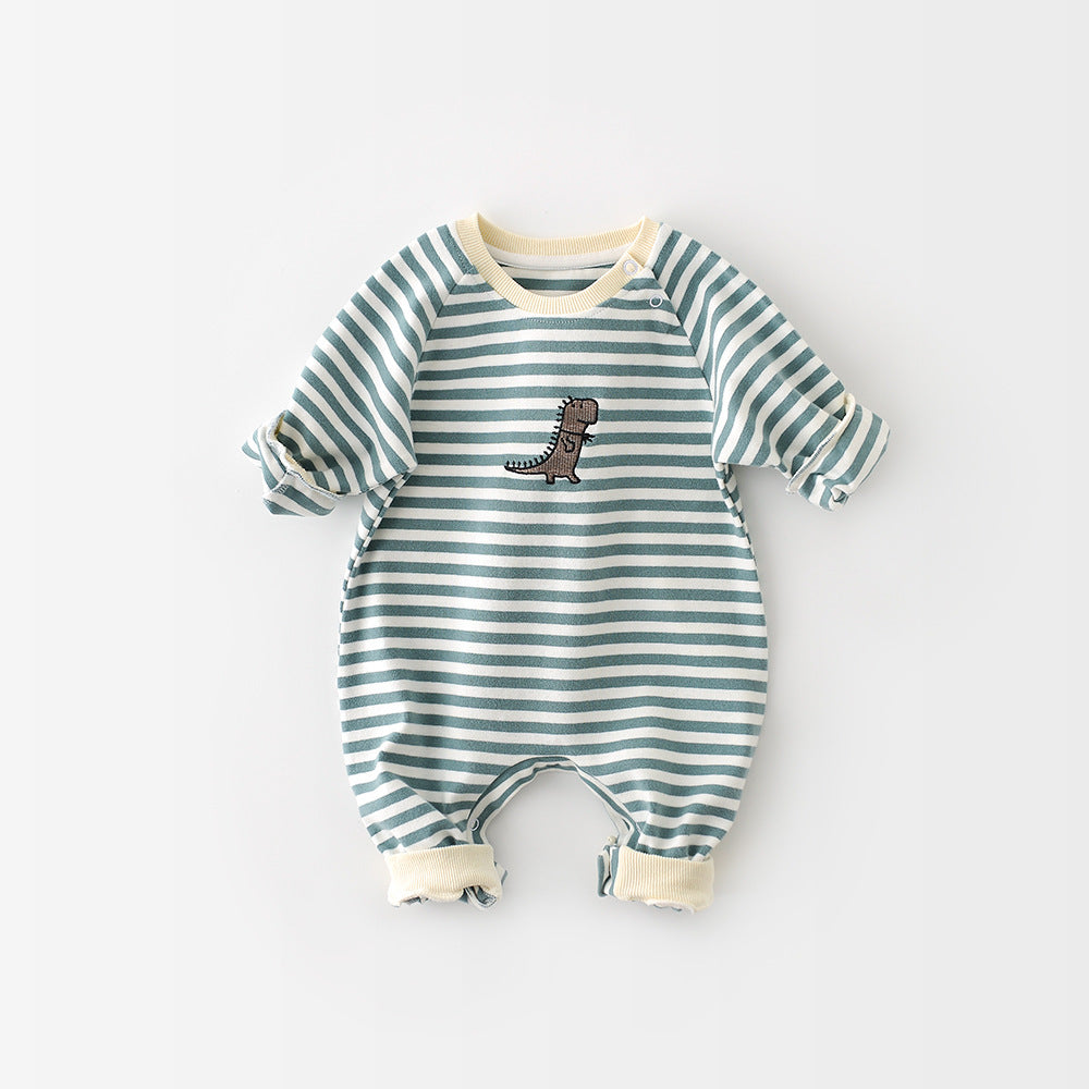 Baby Girl or Boy Cartoon Striped Dinosaur Embroidery Long-Sleeved Jumpsuit