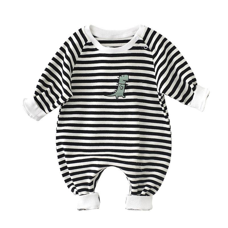 Baby Girl or Boy Cartoon Striped Dinosaur Embroidery Long-Sleeved Jumpsuit