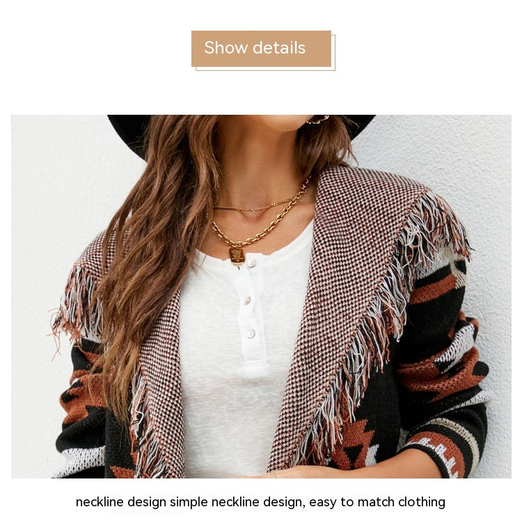 Women's Loose Hooded Tassel Geometric Brocade Sweater