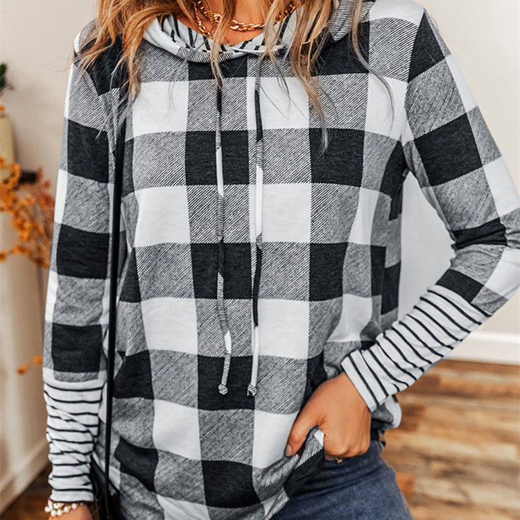 Women's Casual Plaid Stitching Long Pullover Hoodie