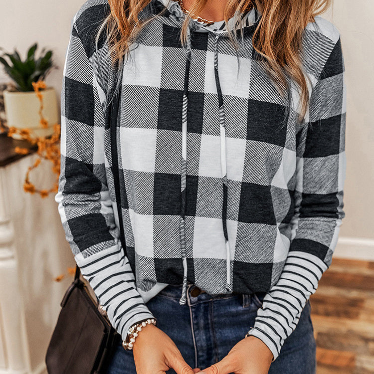 Women's Casual Plaid Stitching Long Pullover Hoodie