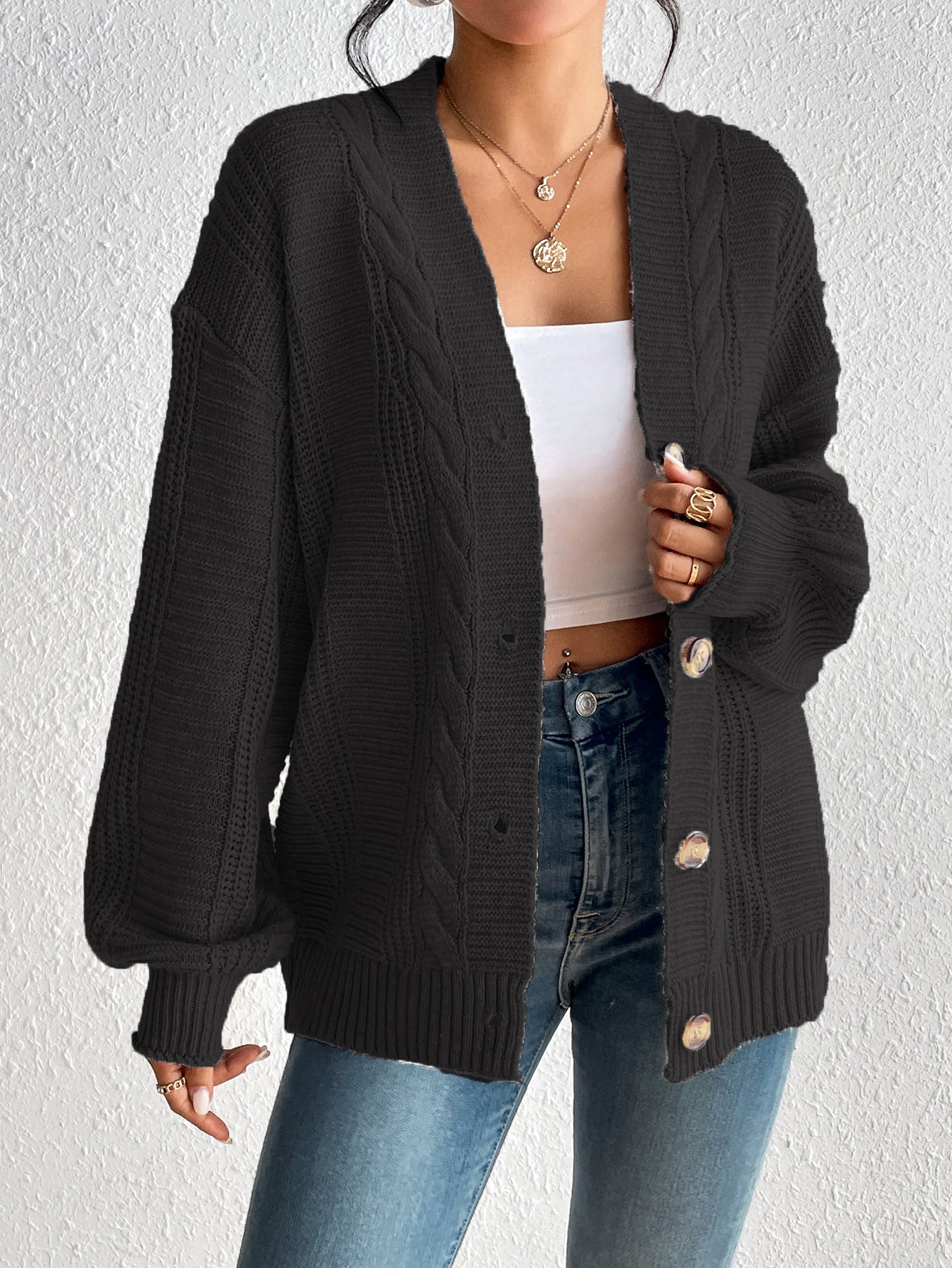 Women's Simple Hemp Pattern Button Women's Overcoat Cardigan