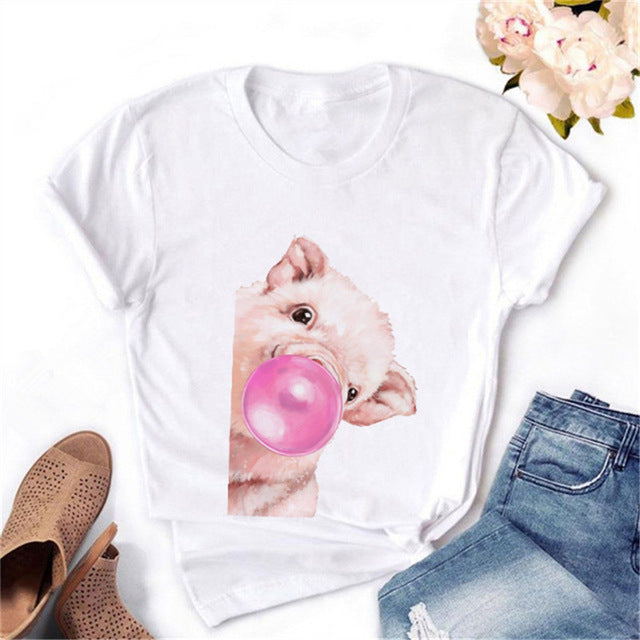 Women's Animal Blowing Bubble Gum Printed Short Sleeve Tee (XSm-4XL)