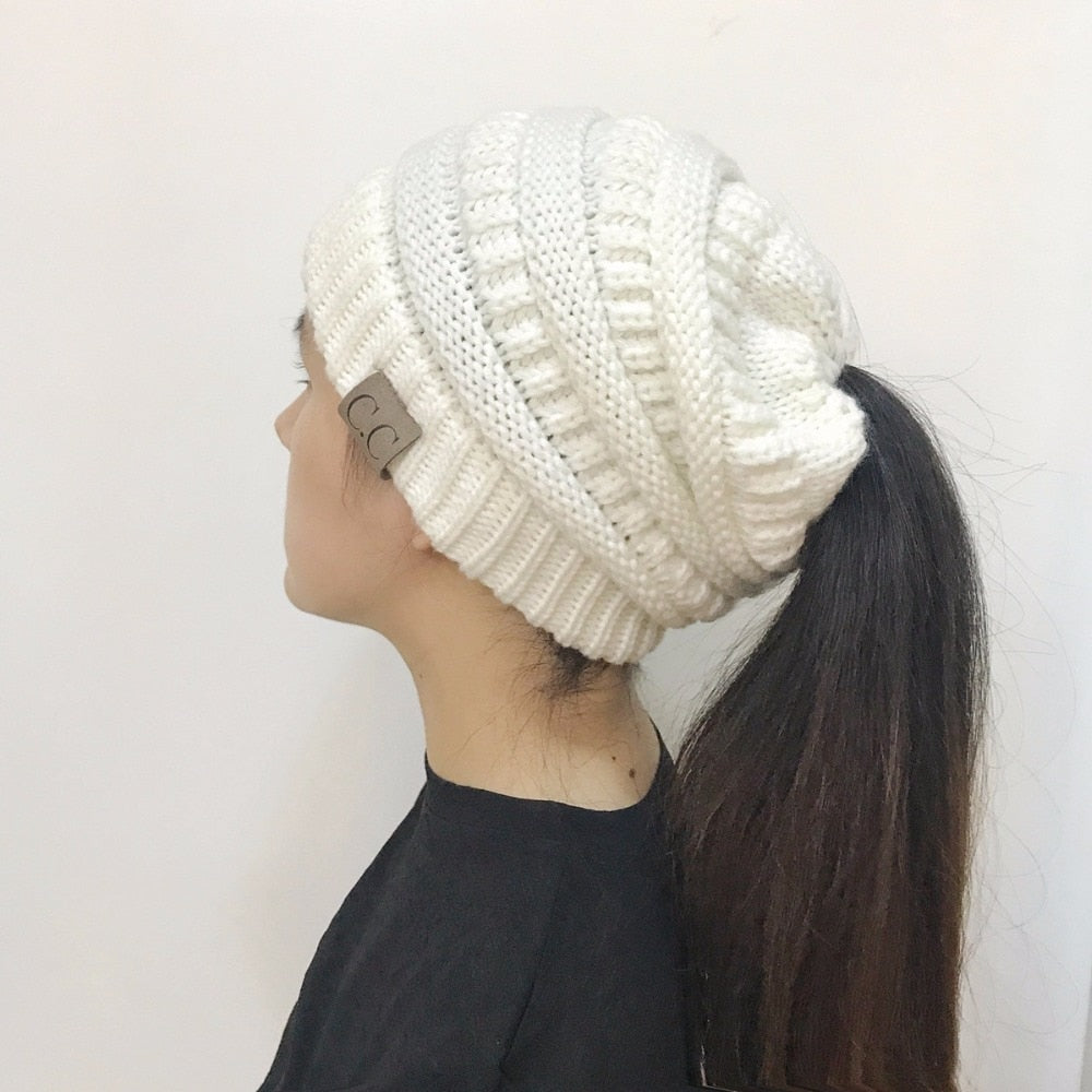 High Bun Ponytail Beanie Soft Stretch Cable Knit Warm Fuzzy Lined