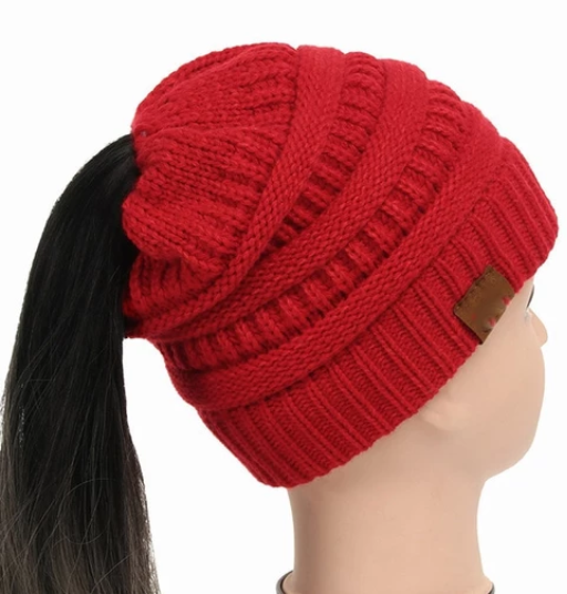 High Bun Ponytail Beanie Soft Stretch Cable Knit Warm Fuzzy Lined