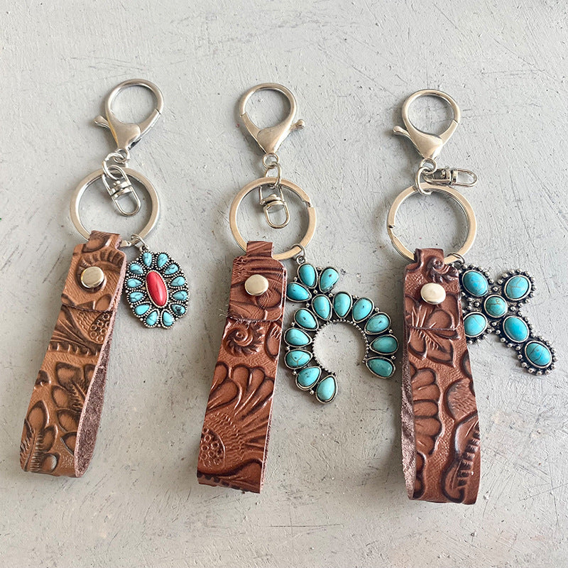 Turquoise Pendant w/ Textured Cowhide-leather Keychain