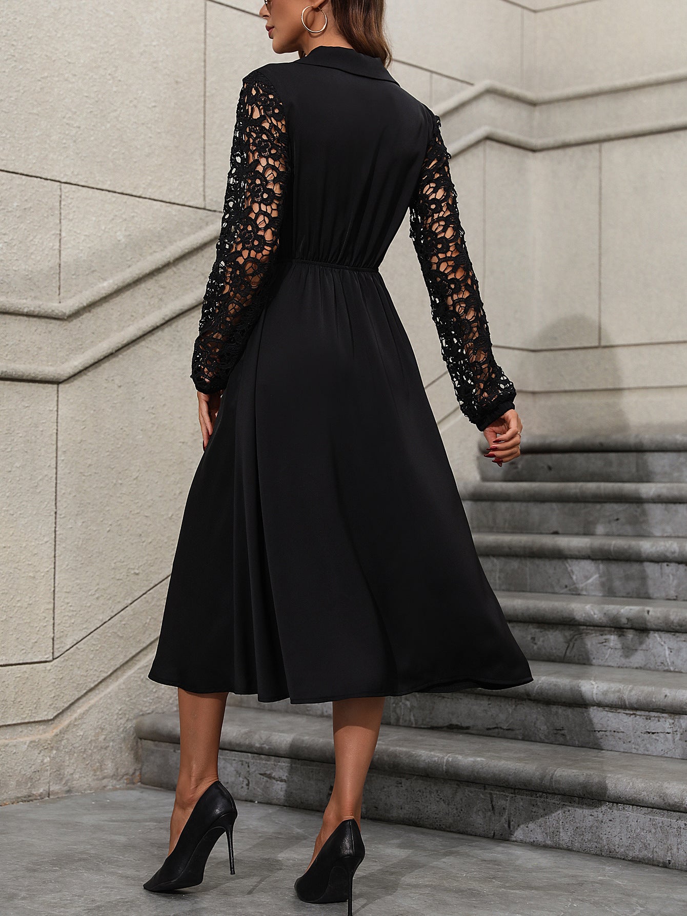 Women's Elegant Lace Sleeves High Waist Slimming Long Dress