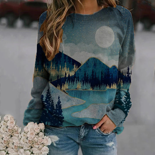Women's Mountain Scenery Printed Long Sleeve Pullover