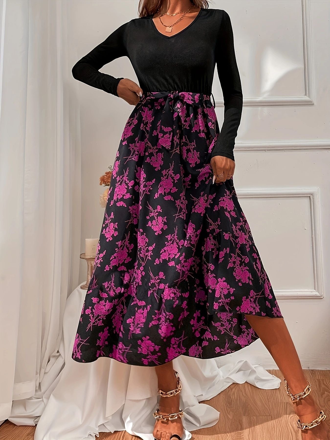 Women's V-neck Flounce Long Floral Dress