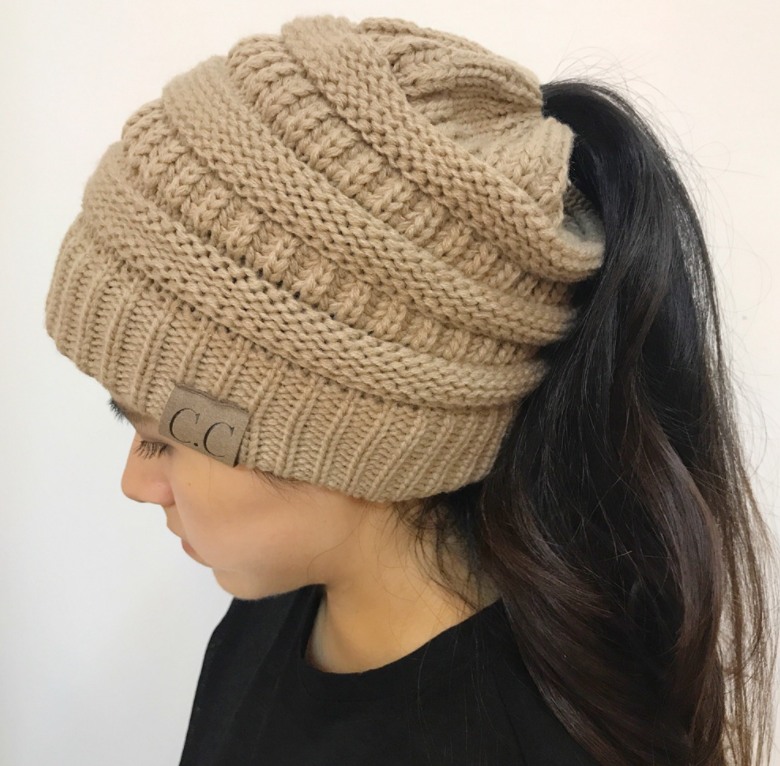 High Bun Ponytail Beanie Soft Stretch Cable Knit Warm Fuzzy Lined