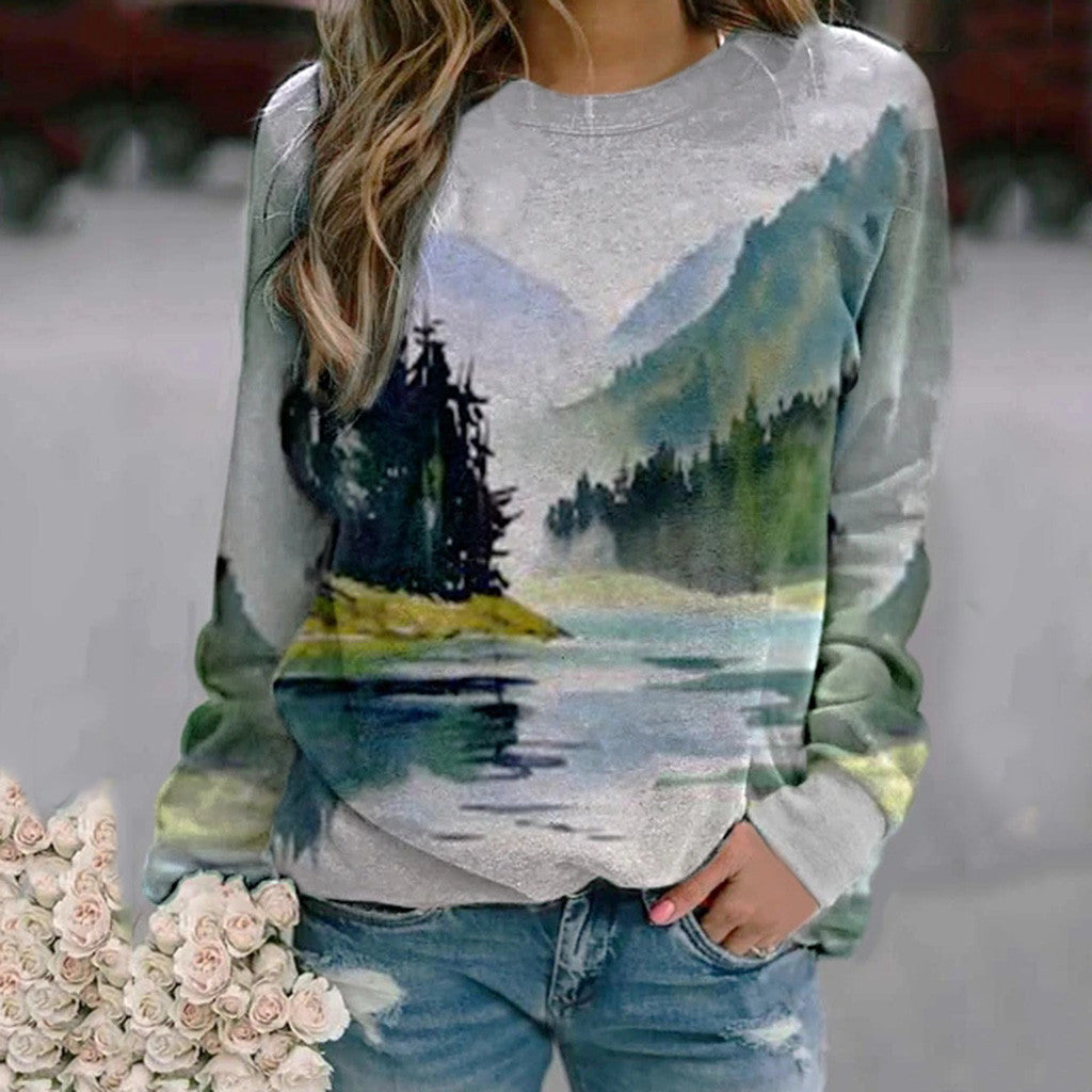 Women's Mountain Scenery Printed Long Sleeve Pullover