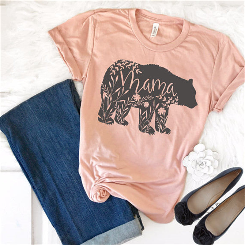 Women's MAMA Bear printed casual round neck short sleeve tee