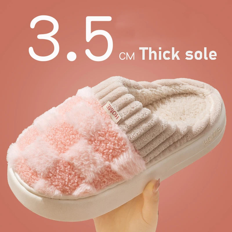 Women's Plaid Plush Soft Sole Thick Non-Slip Slippers