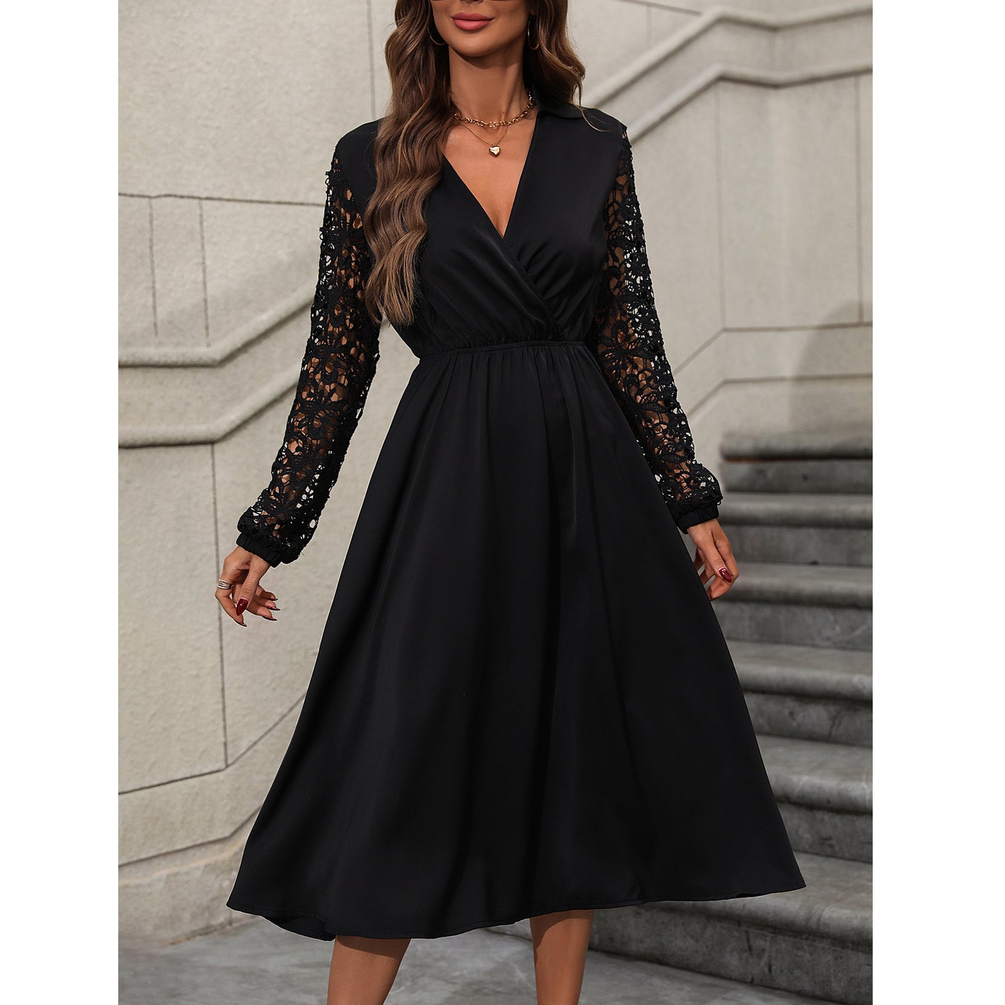 Women's Elegant Lace Sleeves High Waist Slimming Long Dress