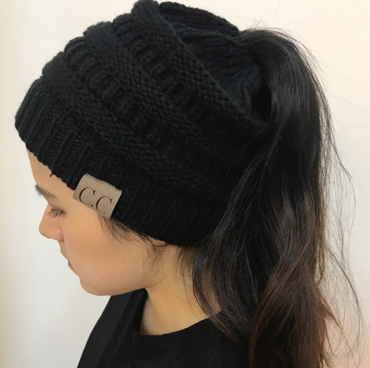 High Bun Ponytail Beanie Soft Stretch Cable Knit Warm Fuzzy Lined