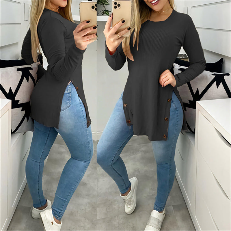 Women's Round Neck Side Slit with Buttons Long-sleeve Shirt (S-5XL)