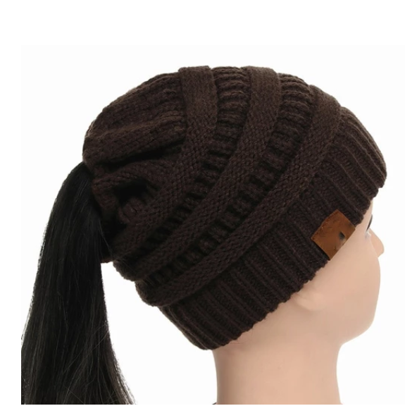 High Bun Ponytail Beanie Soft Stretch Cable Knit Warm Fuzzy Lined