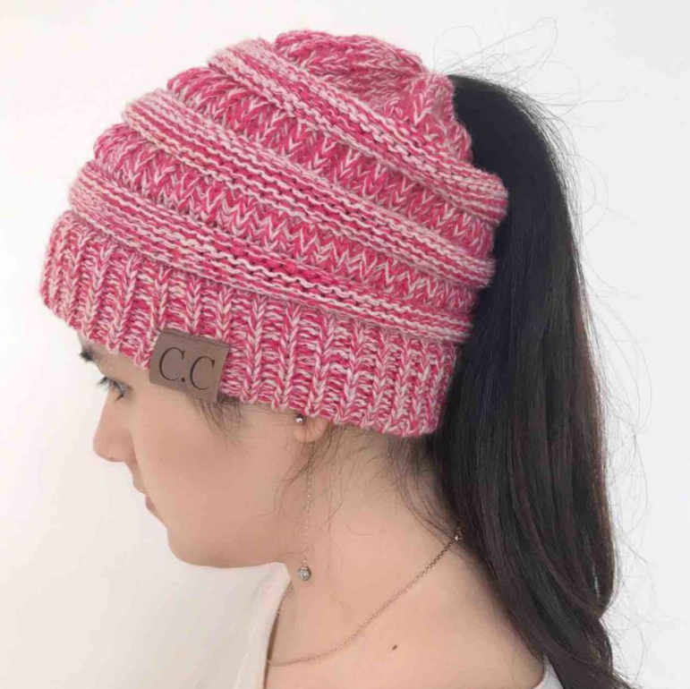 High Bun Ponytail Beanie Soft Stretch Cable Knit Warm Fuzzy Lined