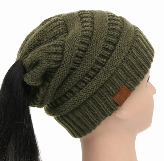 High Bun Ponytail Beanie Soft Stretch Cable Knit Warm Fuzzy Lined