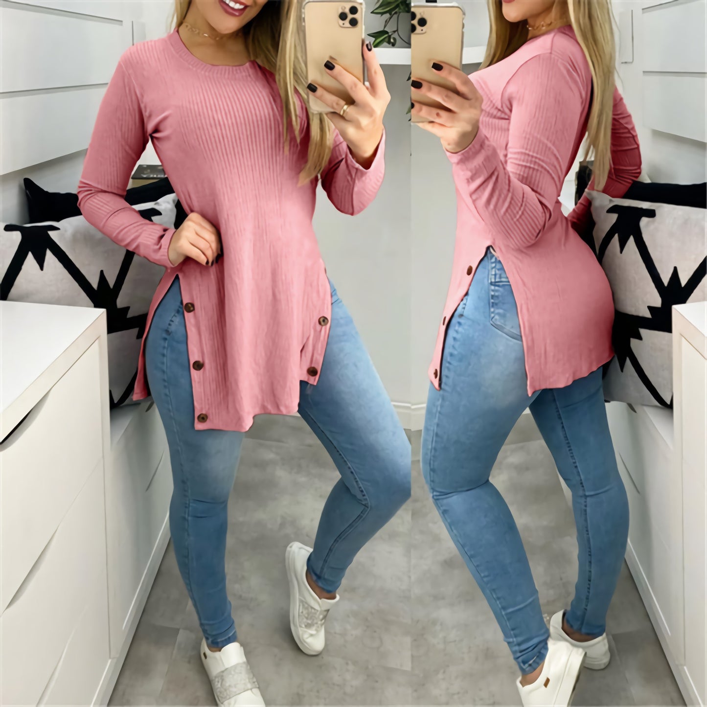 Women's Round Neck Side Slit with Buttons Long-sleeve Shirt (S-5XL)