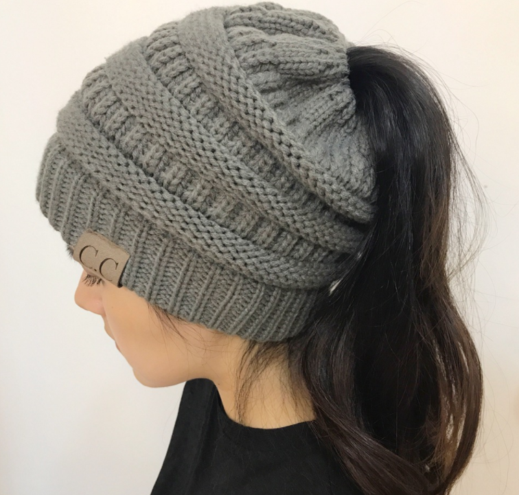 High Bun Ponytail Beanie Soft Stretch Cable Knit Warm Fuzzy Lined