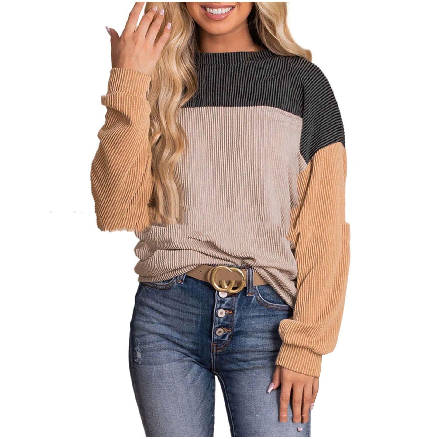 Women's Color Blocking Round Neck Long Sleeve Top