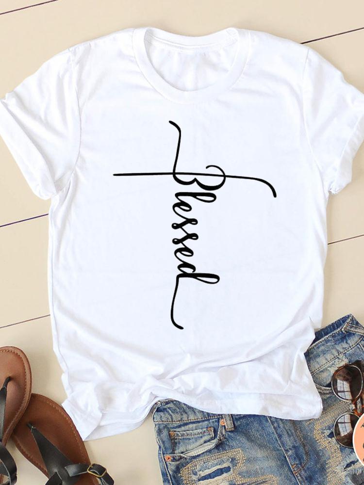 Women's White Round Neck Printed Tee (S-4XL)